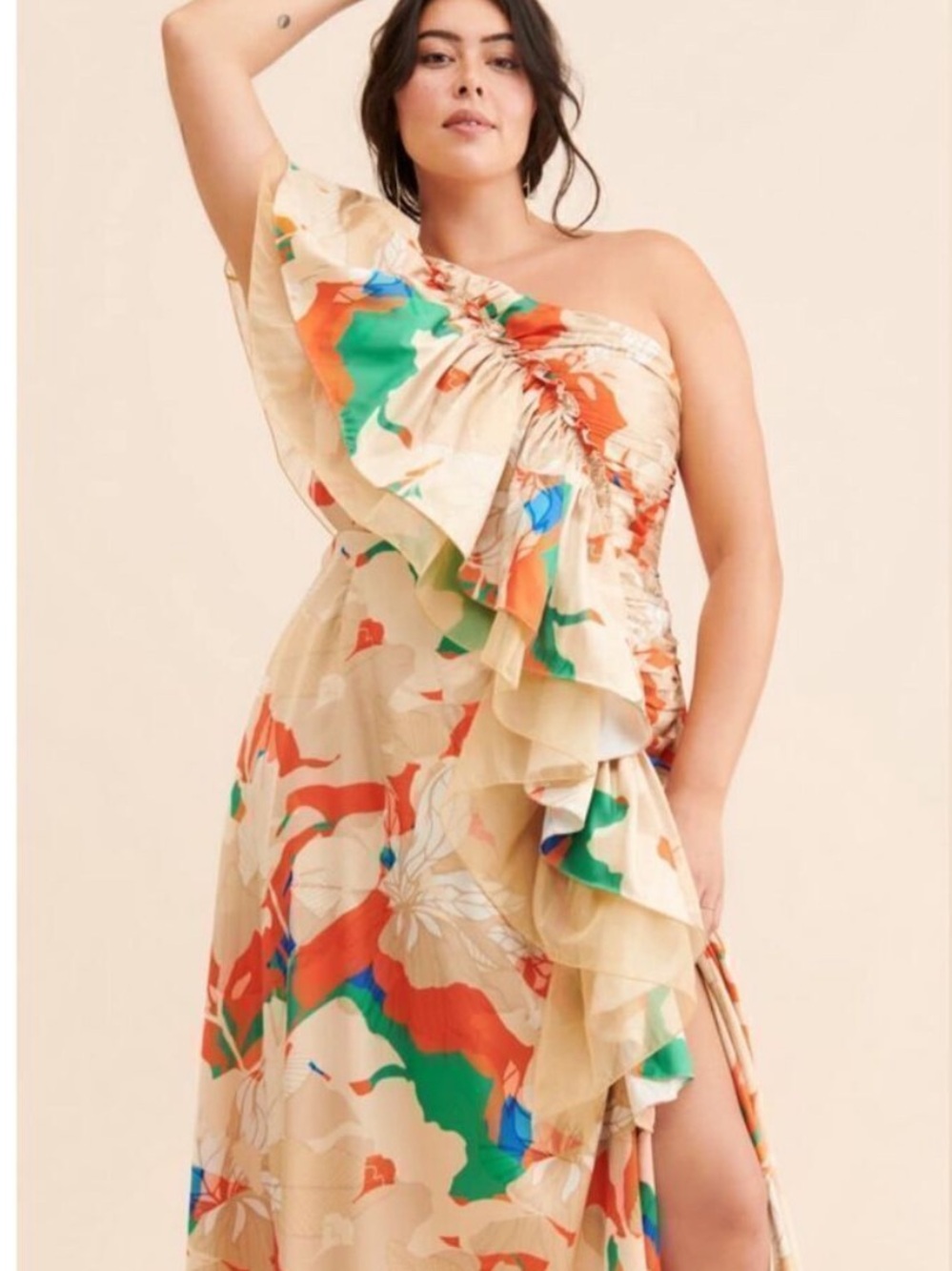 Mandira Wirk Anthropologie Ruffled One-Shoulder Floral Maxi Dress Gown Sz Medium - Picture 8 of 9